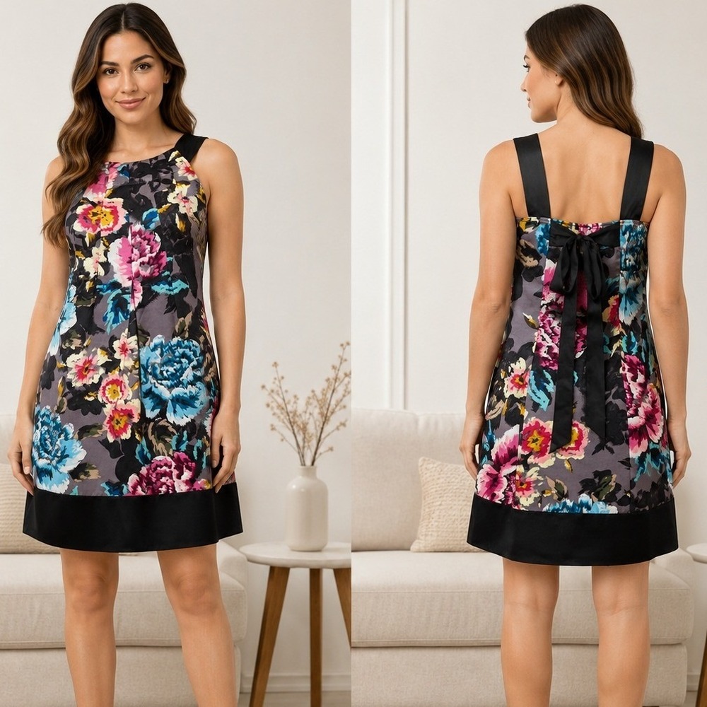 Ted Baker Dress Sz 1 (US 2/4) Black Floral Silk Tie Back Sleeveless Chic Garden